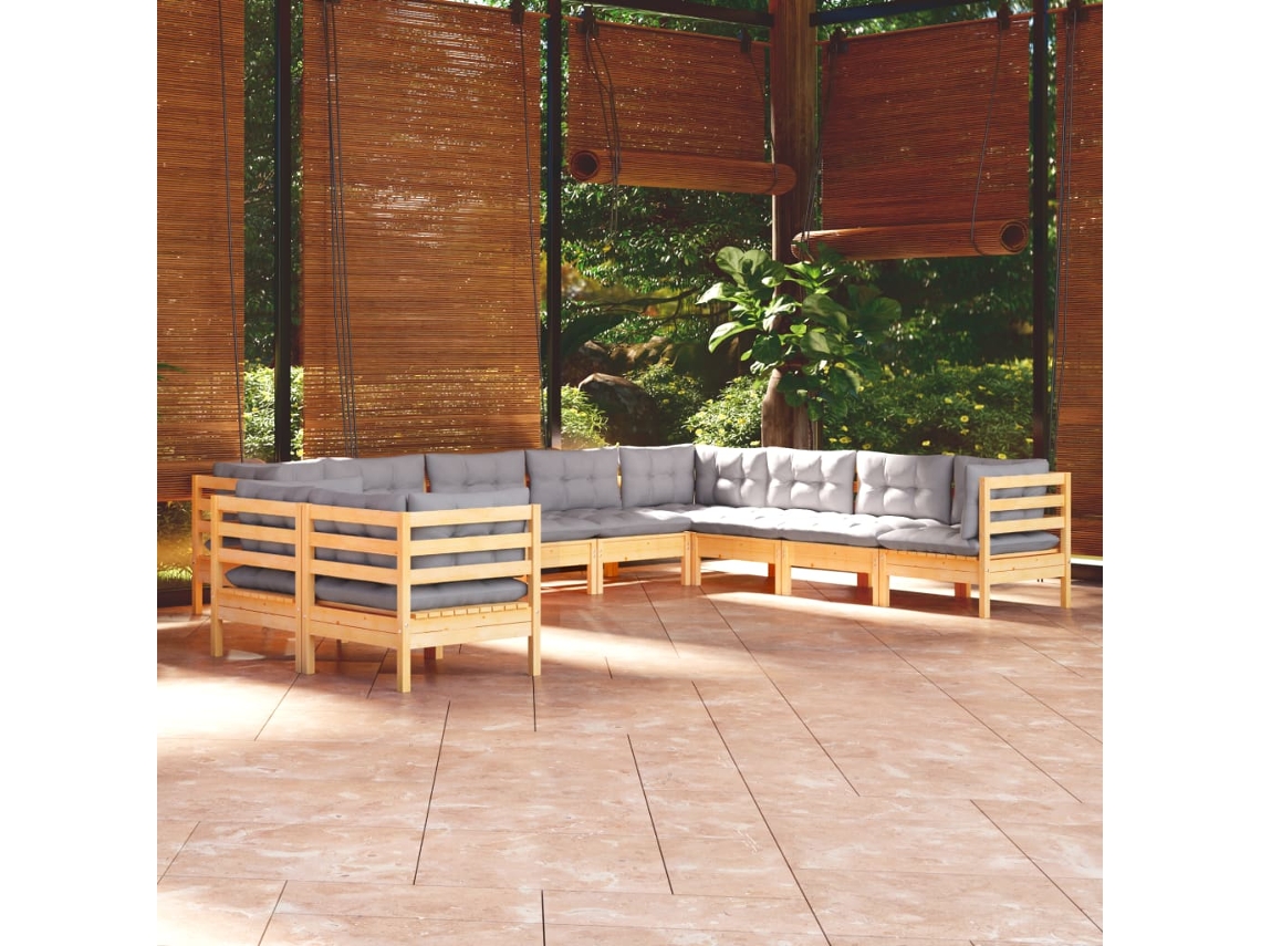 Conjunto de jardín de 10 piezas con cojines grises en pino macizo DKD Home Decor