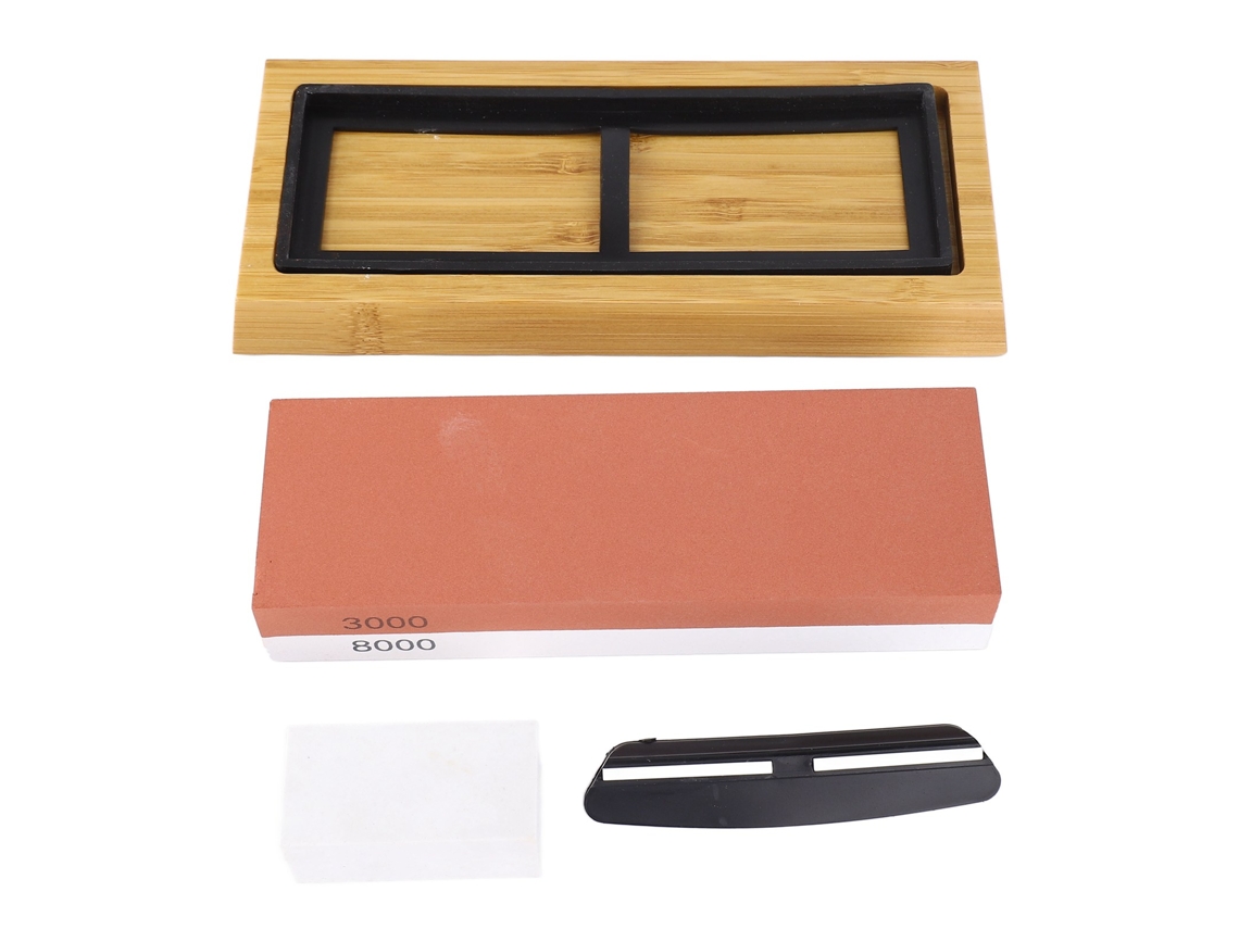 Piedra de afilar cuchillos, grano 3000/8000, doble cara, base de madera con mango angular, para uso en la cocina, sin marca.