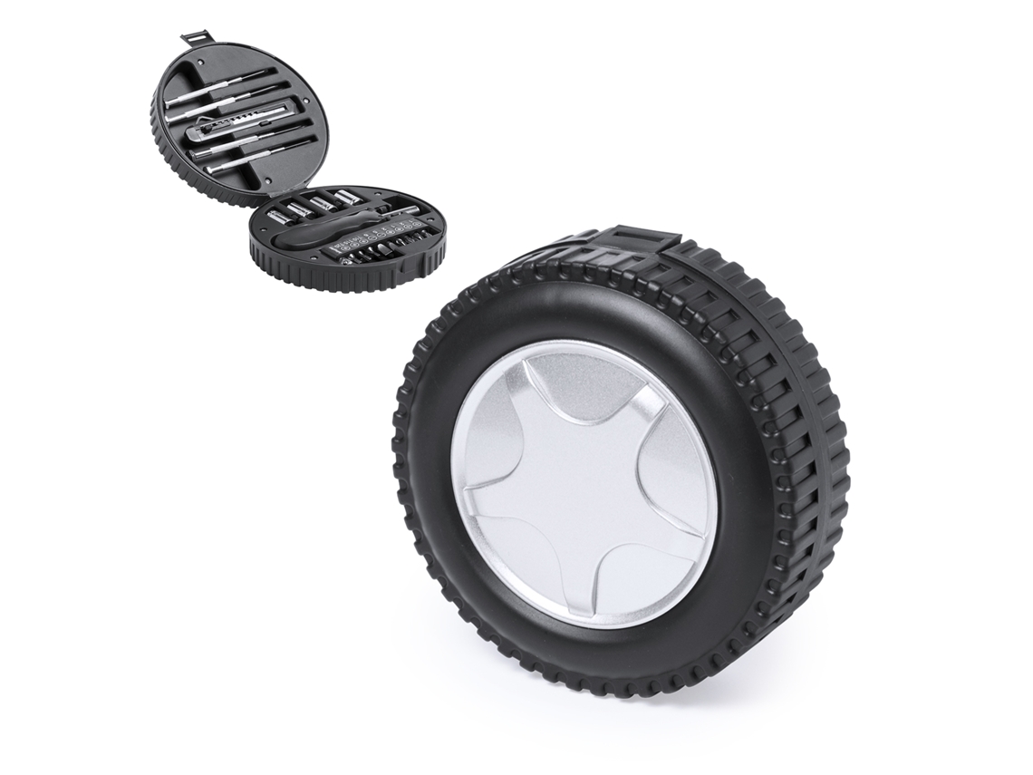Kit de herramientas para ruedas, con 20 accesorios en un resistente estuche con diseño de ruedas.
