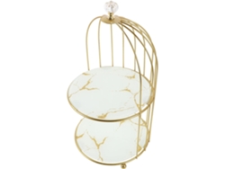 Soporte Para Pasteles De Dos Niveles De Metal Dorado Con Diseño De Jaula De Pájaros Blanca.
