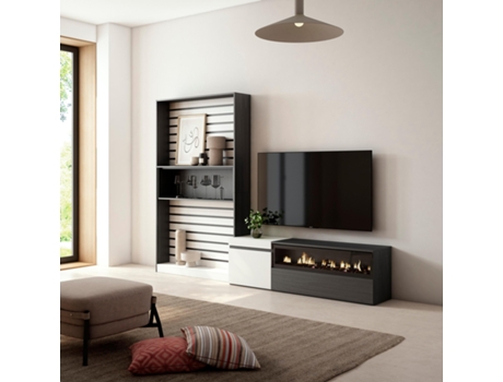 Muebles de Salón para TV 260x186x35cm Para TV hasta 65 Chimenea eléctrica Blanco y negro