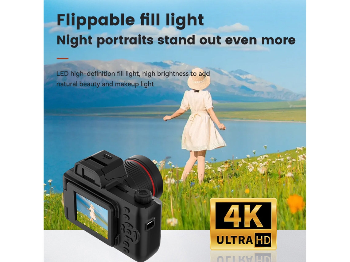 Cámara digital retro MDUG CCD para mujer, estilo réflex clásico, zoom largo, alta definición (negra + tarjeta de 8 GB)