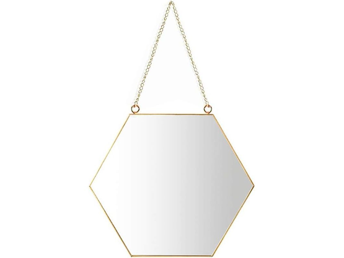 Pequeño espejo de pared hexagonal de latón de estilo escandinavo con cadena.