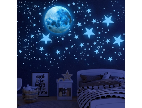 Calcomanías de pared de estrellas y luna brillantes estrellas de techo que brillan en la oscuridad decoración de pared para niños (azul) ZMDECQNA