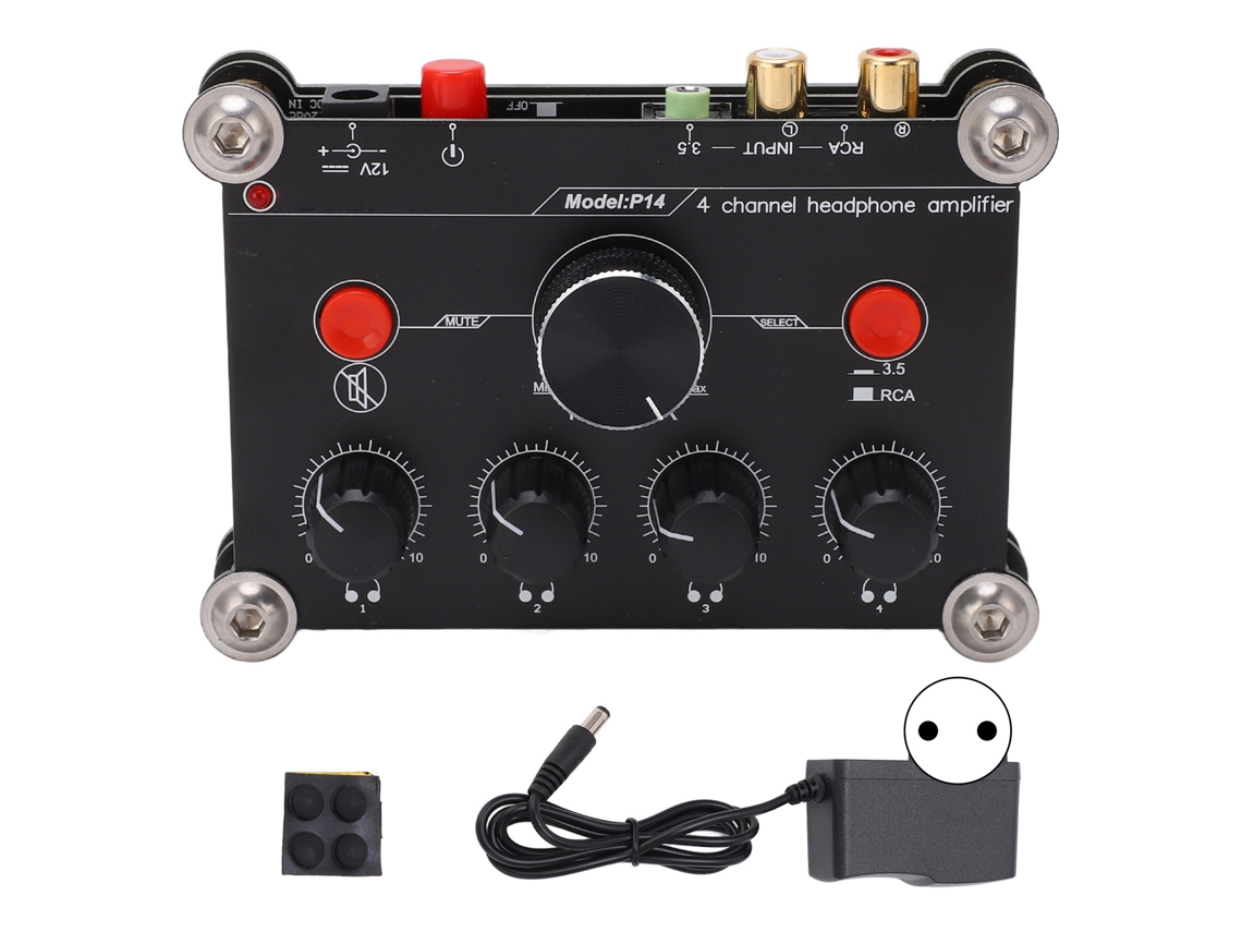 Placa de alimentación para amplificador de auriculares de 4 canales con control de volumen independiente, enchufe europeo 100-240V.