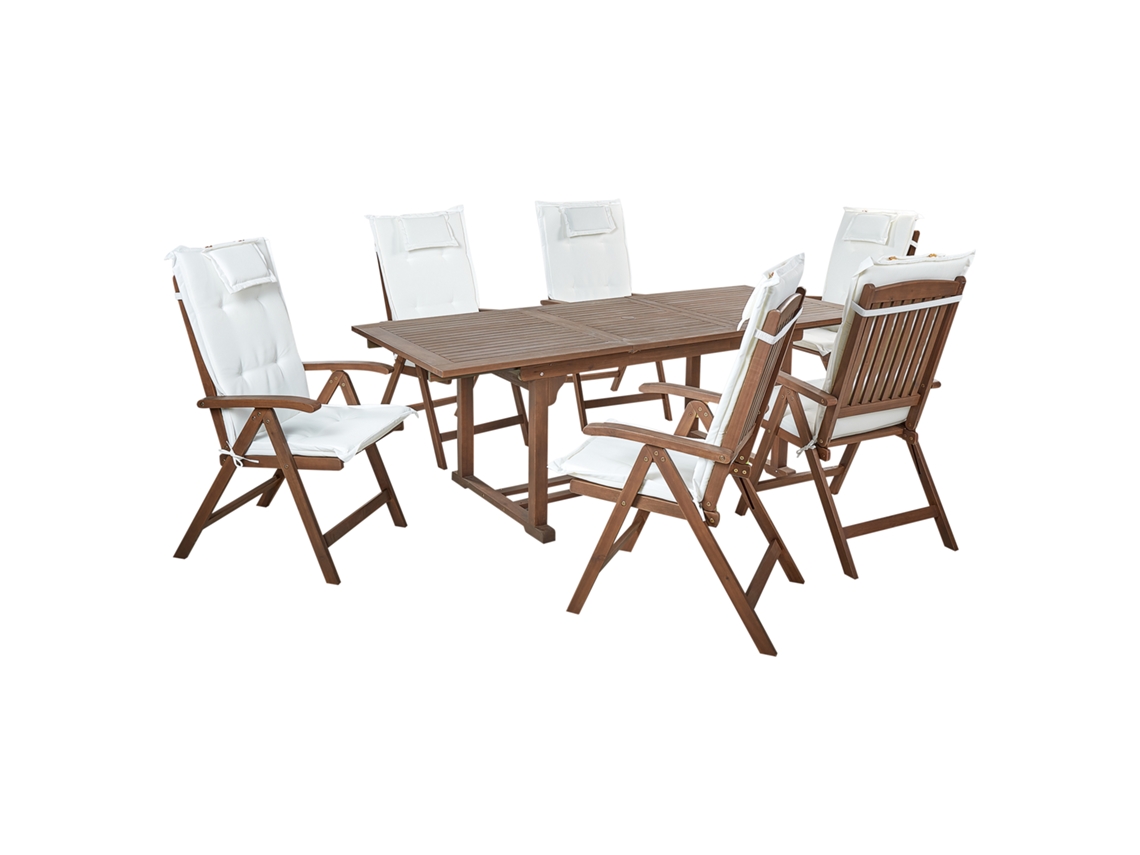Conjunto de jardín 6 plazas de madera de acacia con cojines blanco crema BELIANI Amantea