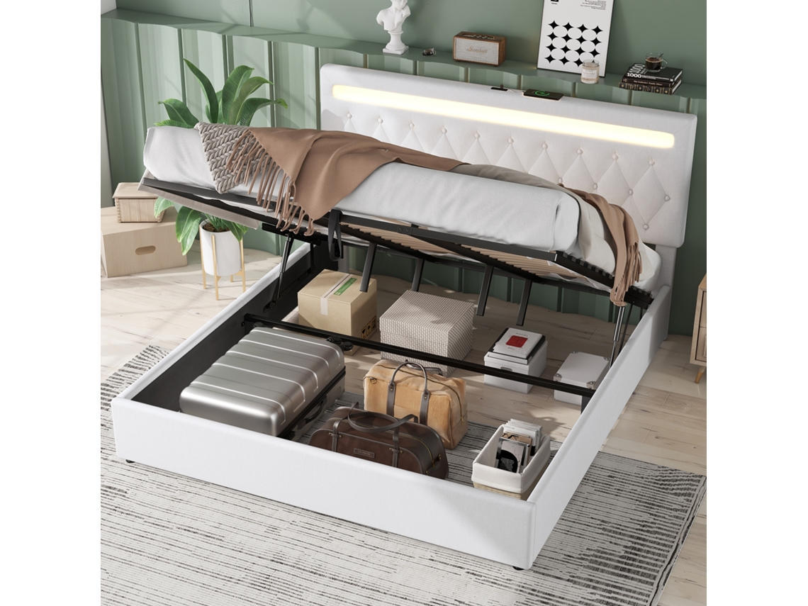 Cama Tapizada De 180x200 Cm Con Sistema De Elevación Hidráulica, Iluminación Led Multicolor, Puerto Usb Y Estructura Blanca Lisa.