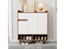 Zapatero moderno 90x35x99 cm con 3 puertas y 1 cajón, blanco/marrón, Mobrio