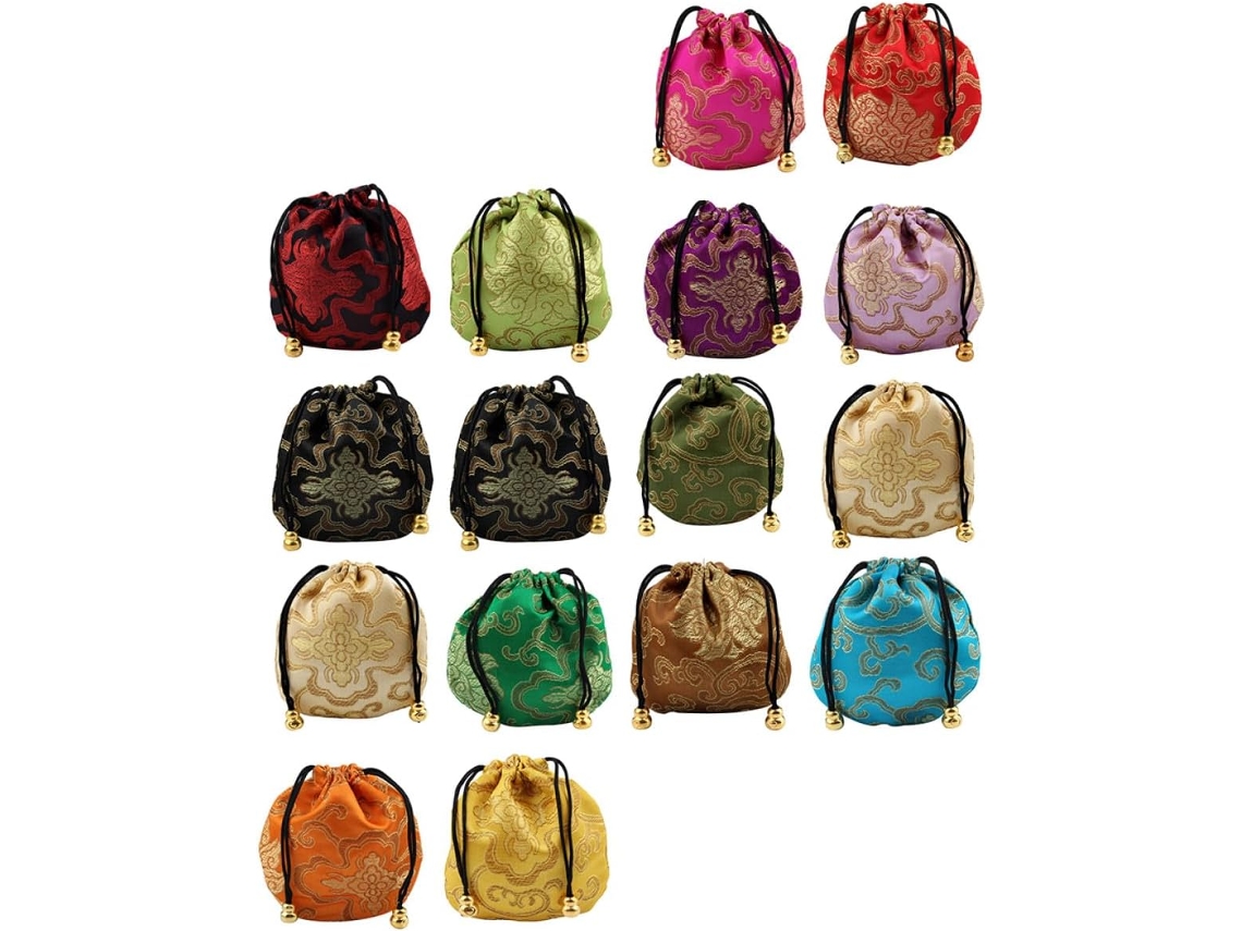 Juego 16 Bolsitas Joyería Brocado Cordón Ajustable Prácticas Bolsas Almacenamiento Bordadas Motivos Chinos