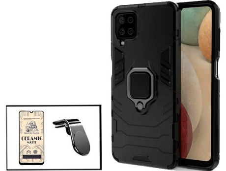 Kit Cristal Templado CeramicGlass Full Cover, Funda 3x1 Miltary Defender y Soporte Magnético L Safe Driving Coche Samsung Galaxy M12 PHONECARE Negro