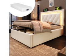 Cama Tapizada 90x200 Cm Terciopelo Beige, Led Diamante, Usb-c, Almacenamiento Hidráulico, Somier De Láminas, Con Colchón.