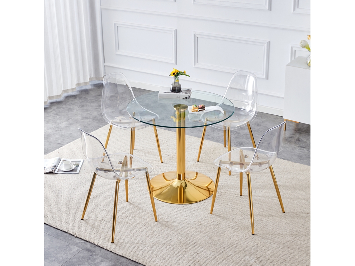 Juego De Mesa De Cristal (85 Cm) Con 4 Sillas De Plástico Transparente.