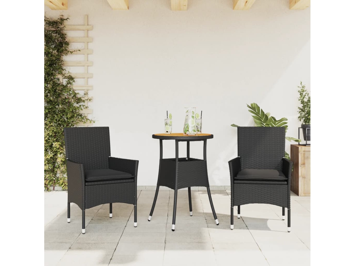 Juego de comedor de jardín de 3 piezas con cojines de mimbre de acacia negra, Dkd Home Decor