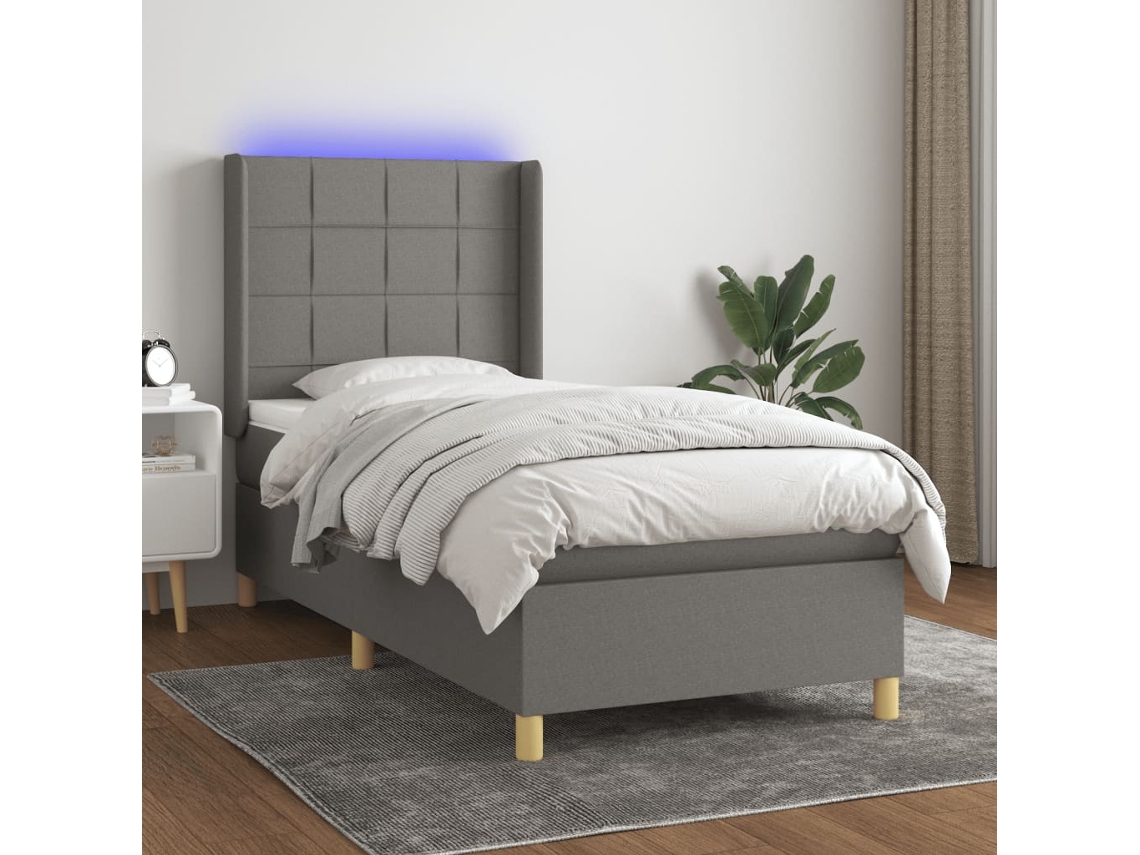 Cama Box Spring Colchón Y Luces Led Tela Gris Oscuro 90x200 Cm