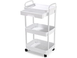 Carro de tres estantes con ruedas, ganchos y ruedas giratorias con freno, fácil de montar, ideal para baños y oficinas.