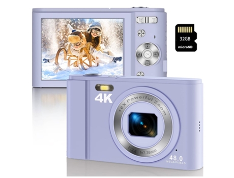 Cámara Digital Infantil Compacta Dc303 4K 48Mp con Enfoque Automático Zoom 16X Pantalla 2.8 Pulgadas 32G - Púrpura VIGA EUROPE