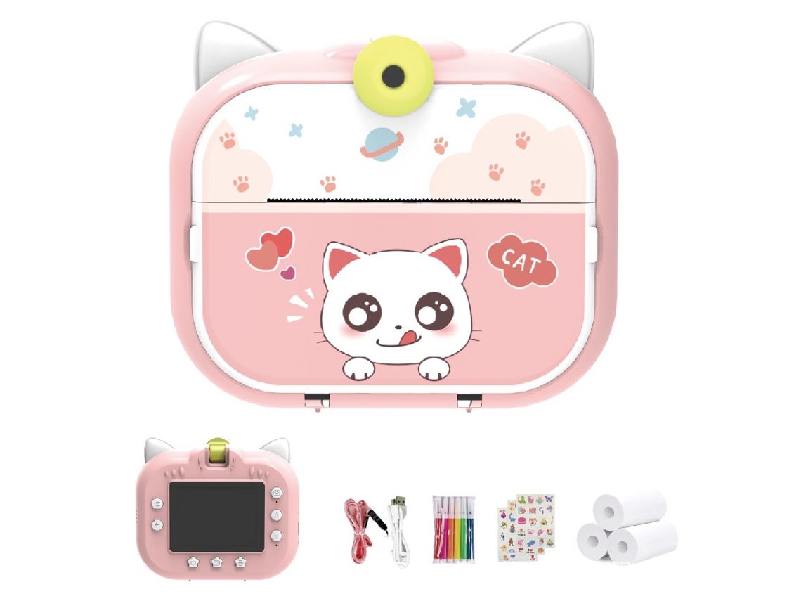 Cámara instantánea infantil con impresión, lente giratoria de 180° y tarjeta de 32 GB (Gato rosa) Specment