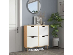 Zapatero con 4 puertas batientes, capacidad para 16 pares, con estante ajustable, patas de madera de pino, 95 x 26 x 95 cm, color natural.