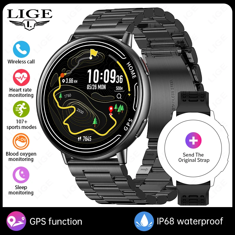 Reloj inteligente GPS (negro, correa de acero) con monitor de frecuencia cardíaca, llamadas Bluetooth, resistente al agua hasta 1 ATM, pantalla de 1,39 pulgadas.