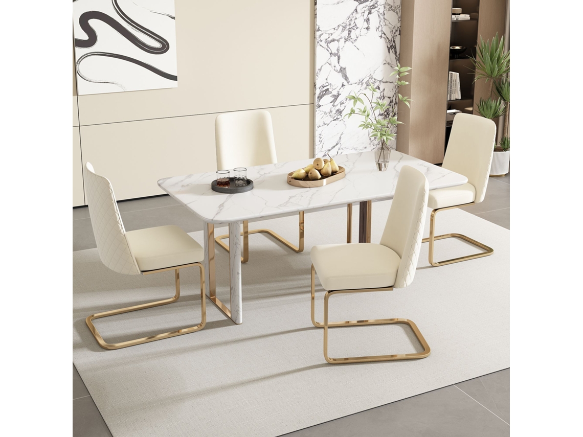 Juego de 4 sillas Cantilever de terciopelo, respaldo con diseño de rombos, base de metal dorado, estilo beige