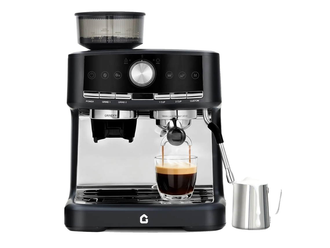 Cafetera espresso, bomba de 20 bares, molinillo con 30 ajustes, color negro.