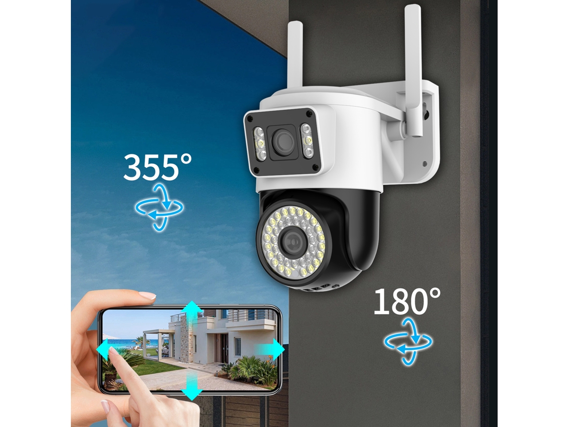 Cámara de seguridad Wi-Fi para el hogar con dos cámaras, alarma de detección e intercomunicador bidireccional.