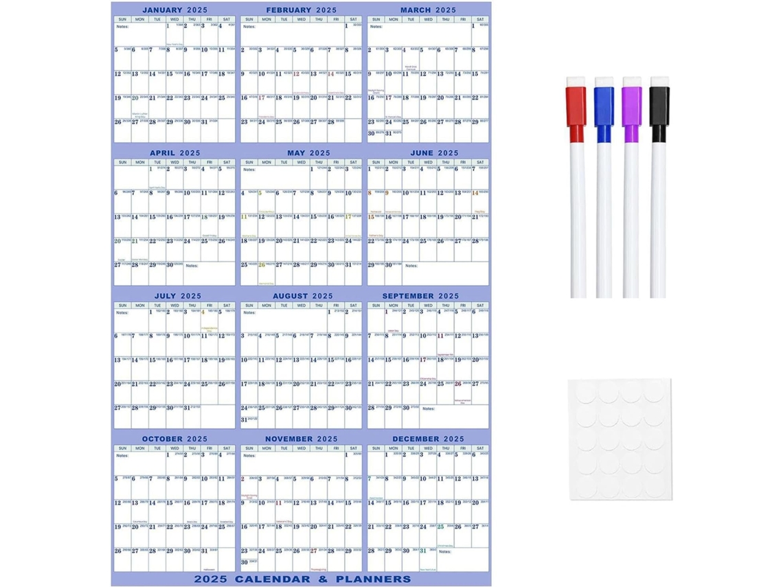 Planificador Borrable 2025 Con Marcador De Pared | Calendario