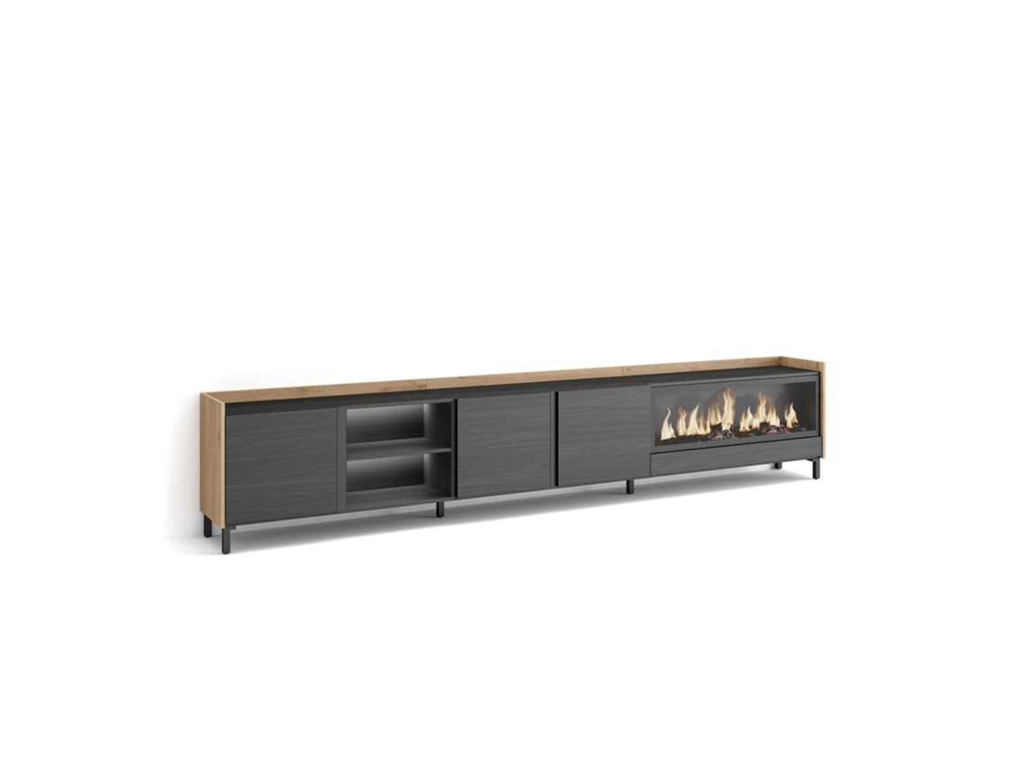 Mueble Tv, Televisión, 315x35x61cm, Para Tv Hasta 80", Chimenea Eléctrica Xxl, Diseño Industrial, Led, Negro Y Roble