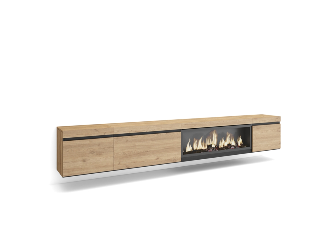 Mueble de TV | Amplio espacio de almacenamiento | 288 x 45 x 35 cm | TV de gran formato | Chimenea eléctrica XXL | Colgante | Roble Duérmete Online