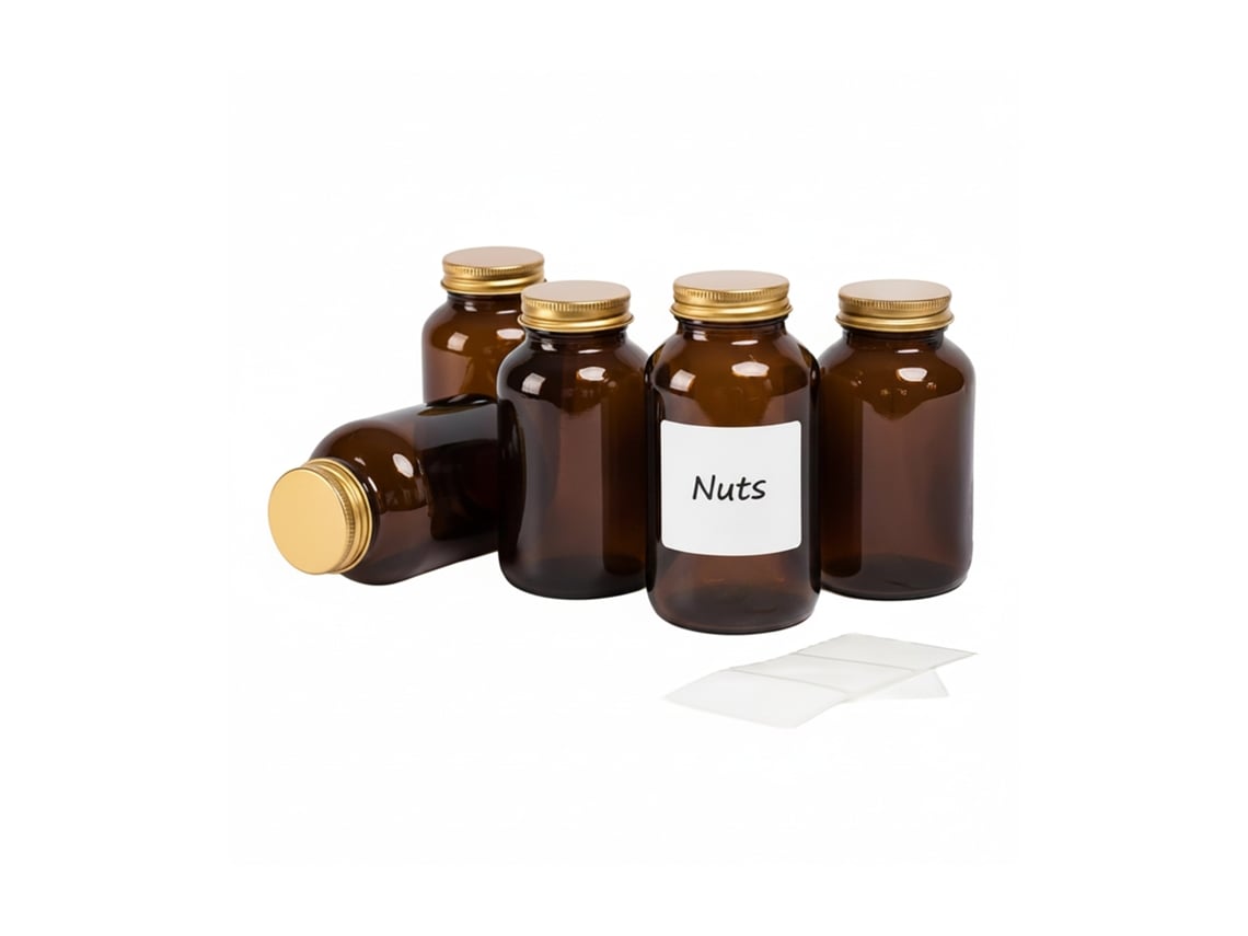 Relaxdays Tarros De Cristal Marrón 5x250 Ml, Con Tapa Y Etiquetas, Para Hierbas, Medicinas Y Especias (marrón/dorado)