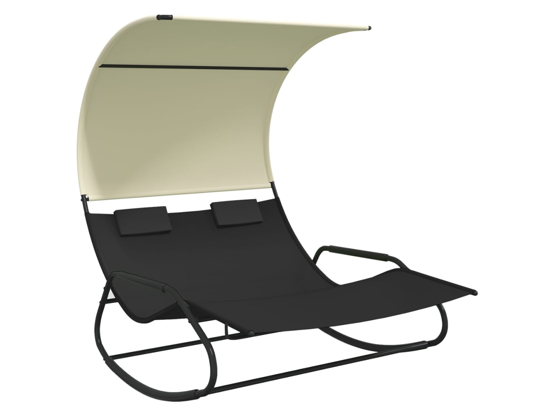 Tumbona mecedora Mueble para patio Asiento de jardín doble con toldo color negro y crema