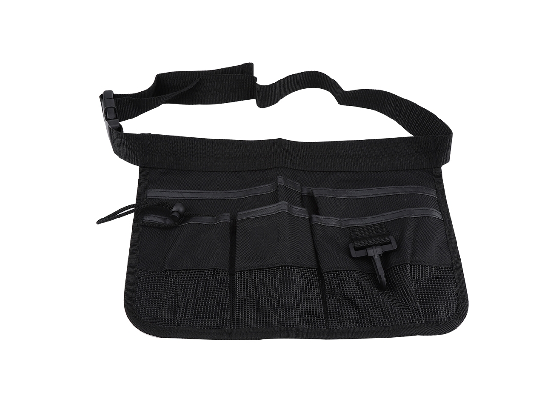 Bolsa para herramientas eléctricas con múltiples bolsillos y cinturón negro grueso.