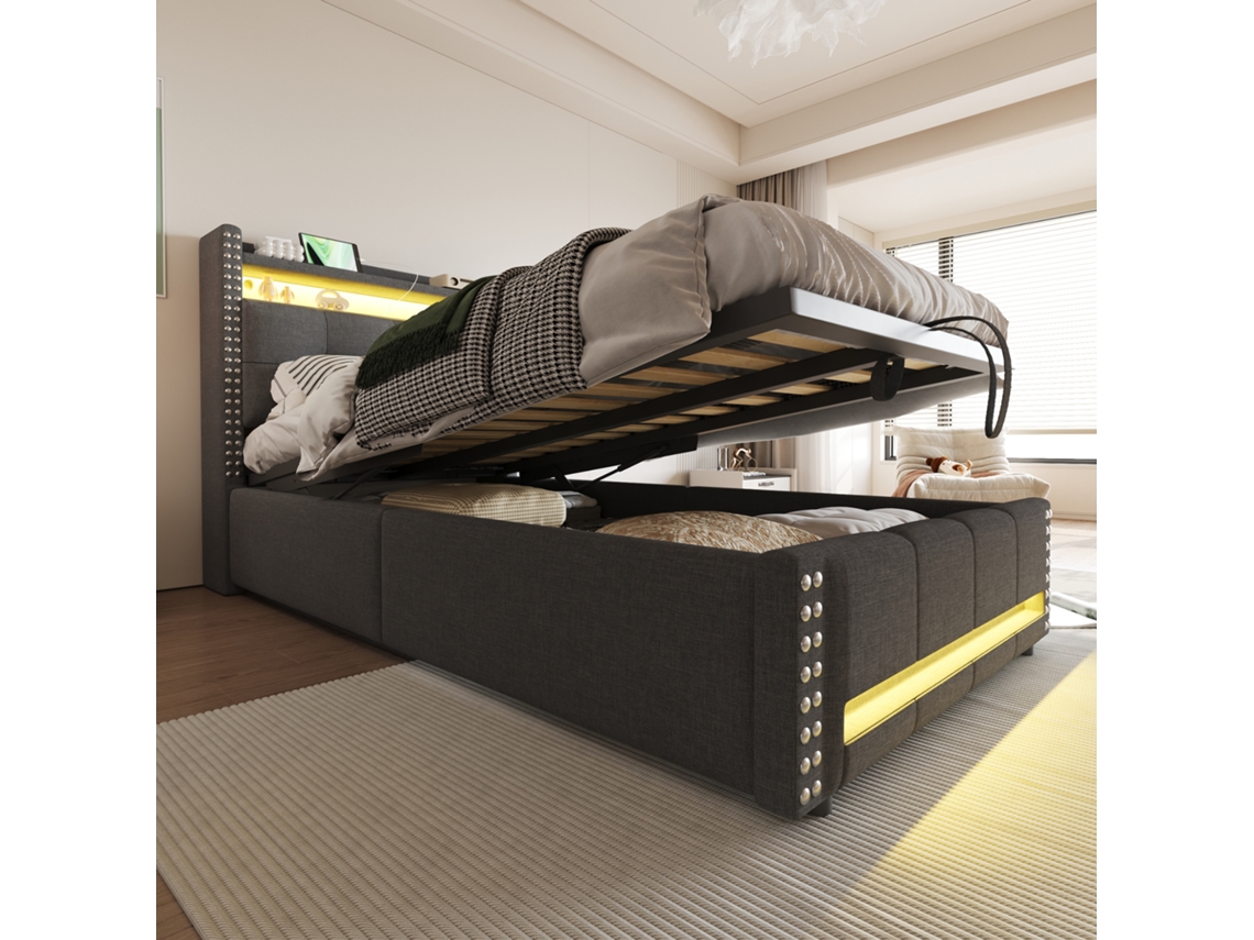 Cama Infantil De 90x200 Cm Con Cabecero Led Usb Y Estante De Almacenamiento, Color Gris Lino.