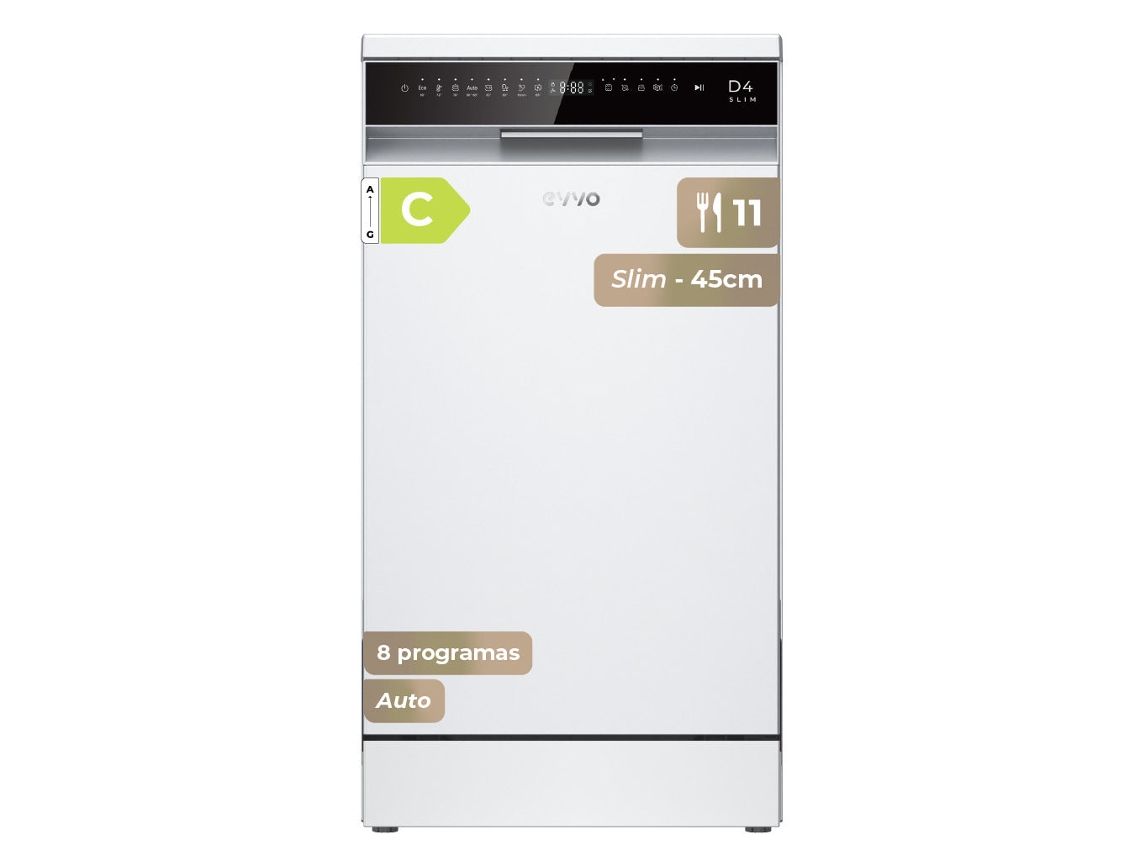 Evvo D4 Slim Lavavajillas 45cm Libre Instalación 11 Cubiertos 8 Programas Clase C