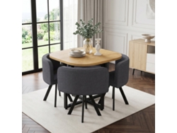 Conjunto Mesa Y Sillas 85x85 Cm - 4 Personas, Mesa De Roble + Sillas Tapizadas En Lino - Gris