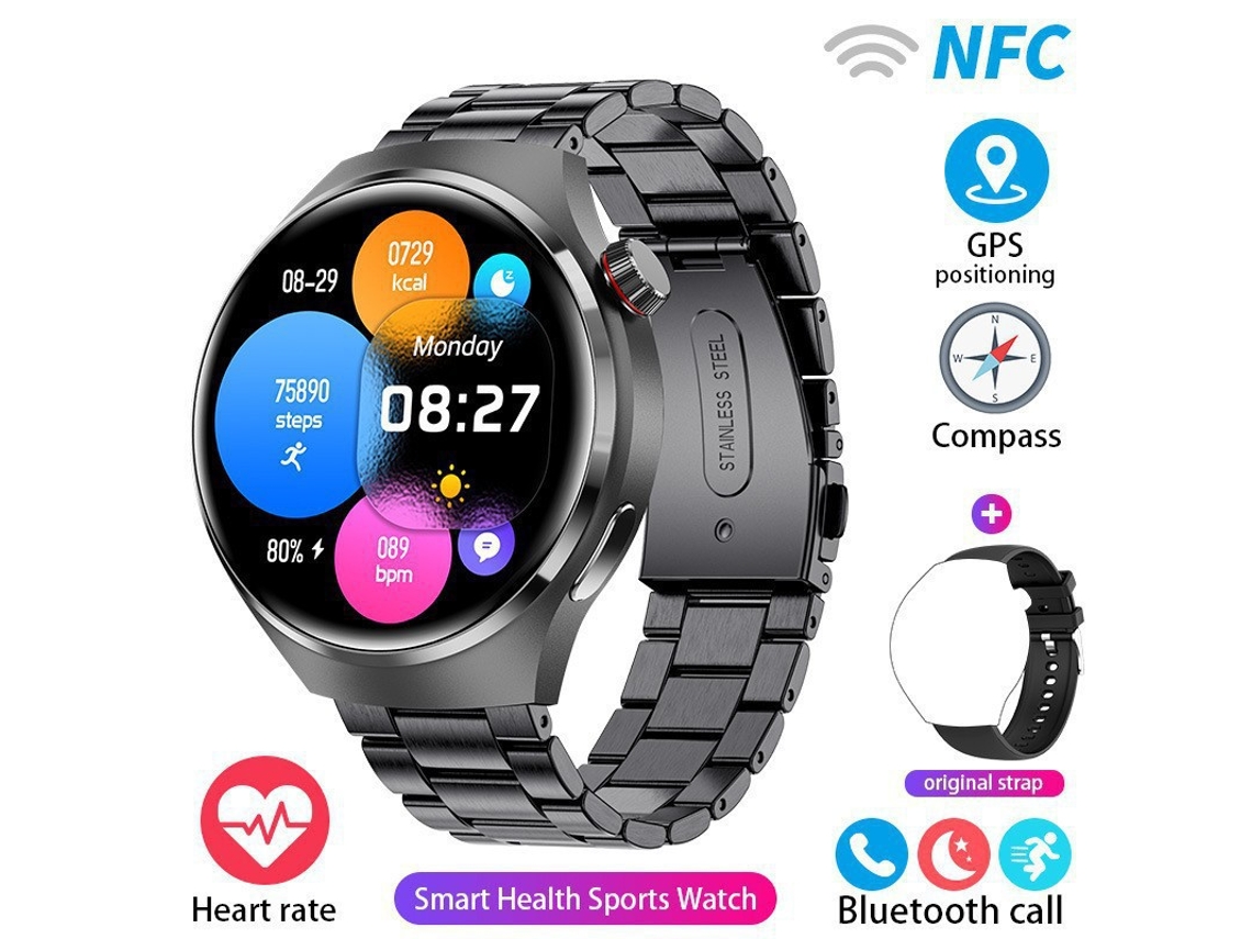 Smartwatch Yunzii Watch4gt4 con esfera redonda, resistente al agua, diseño negro, correa de silicona y pulsera de acero negra.