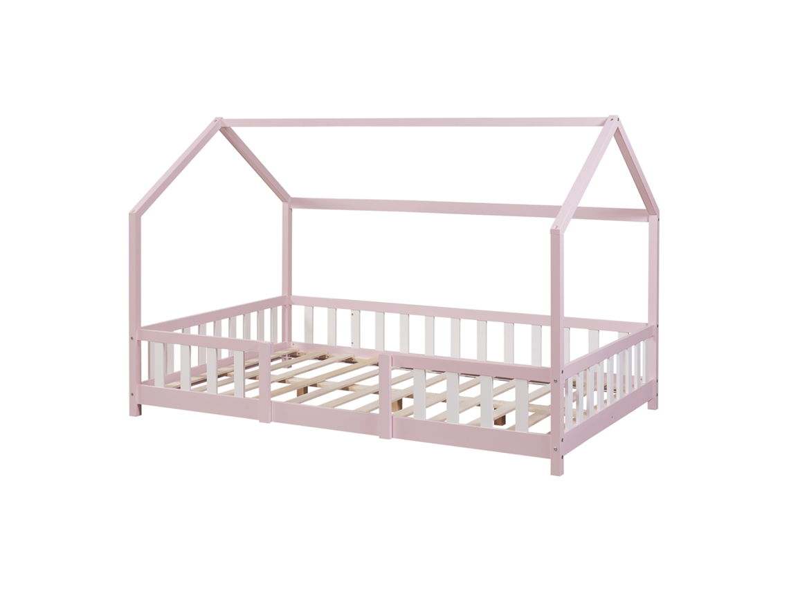 Cama infantil Sisimiut con forma de casita de pino, 120 x 200 cm, color rosa. [EN.CASA]
