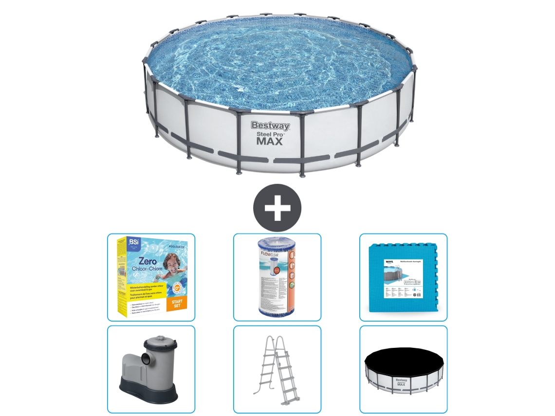 Piscina BESTWAY Round Steel Pro MAX - 549 x 122 cm - Gris - Bomba incluida - Escalera - Cobertor Paquete de mantenimiento - Filtrar - Baldosas