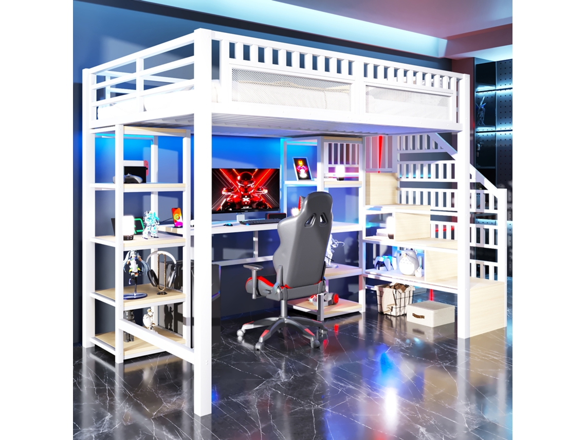 Cama Alta De Metal Blanco De 140x200 Cm Con Escritorio, Iluminación Led, Puerto Usb Y Espacio De Almacenamiento. Colchón No Incluido.