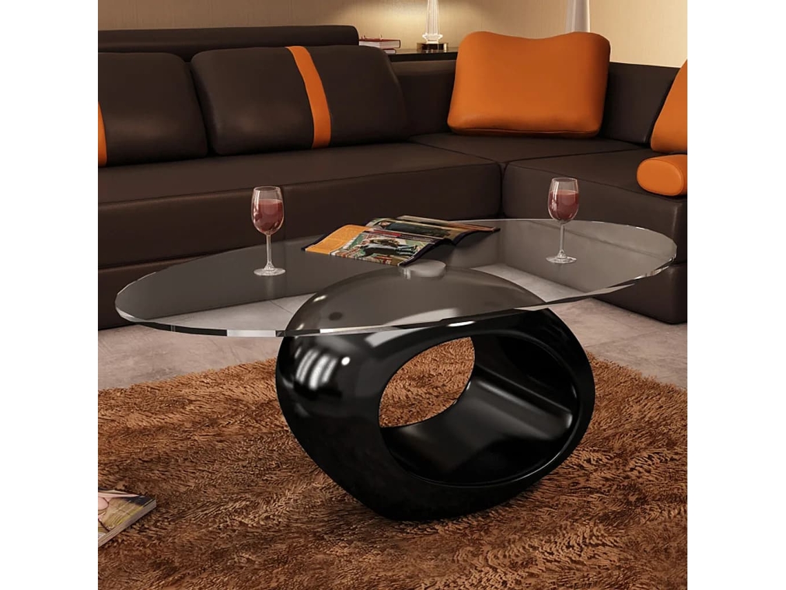 Mesa de Centro de Apoyo con Tablero Oval de Vidrio Negro Brillante