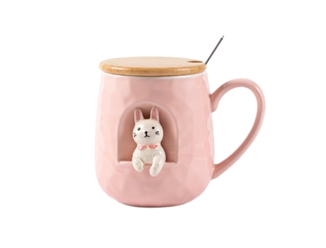 Taza XGF Taza de cerámica de alivio de animales lindos de 430 ml con tapa y cuchara Leche de café té taza taza regalos novedad | tazas (rosa)