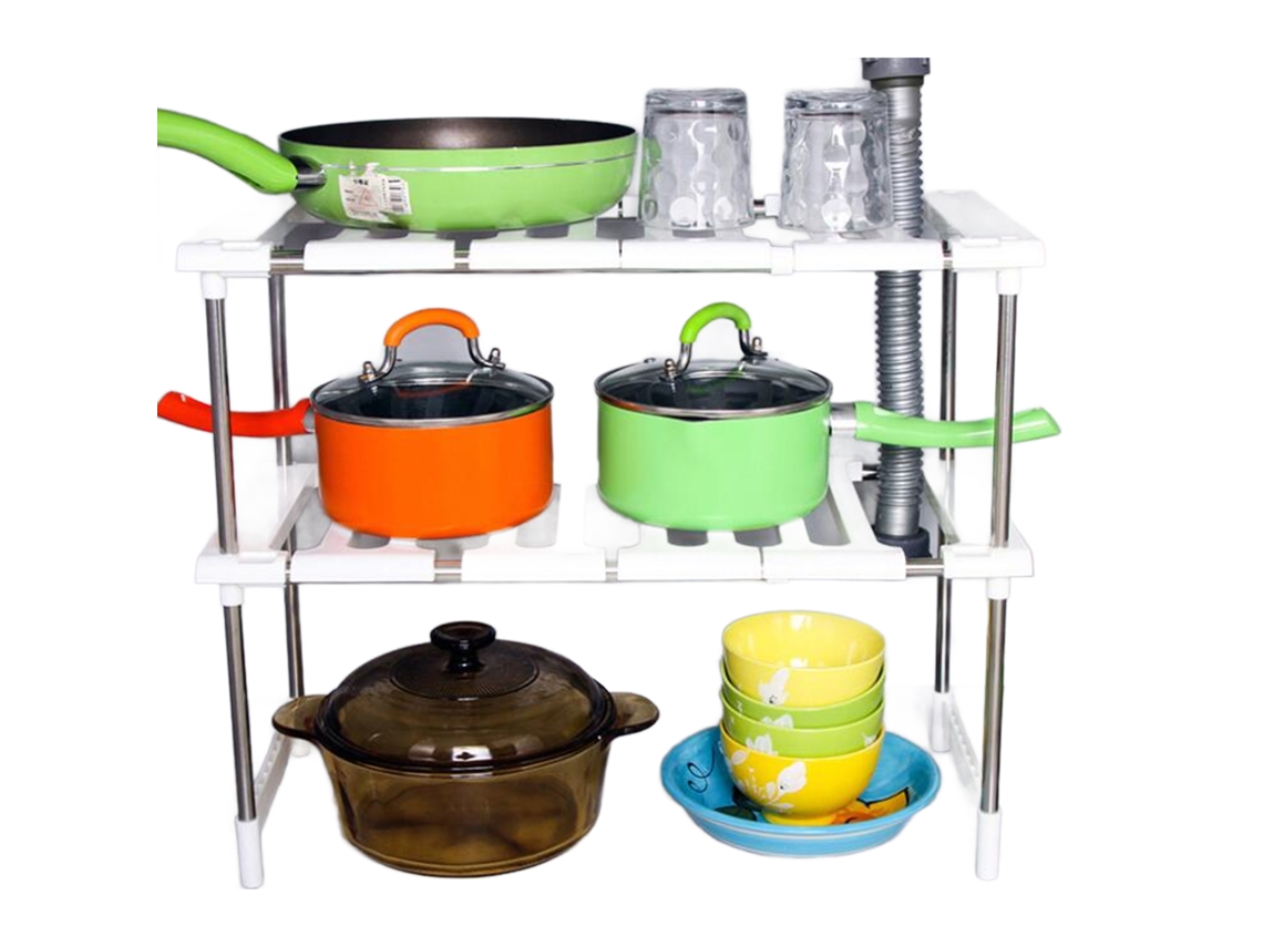 Estantería De Cocina Multifuncional Ajustable De 2 Niveles, Color Blanco, Fabricada En Acero Inoxidable Y Abs.