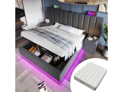 Cama De Terciopelo Gris De 180x200 Cm Con Iluminación Led Inteligente, Conexión Usb-c Y Almacenamiento Moderno.