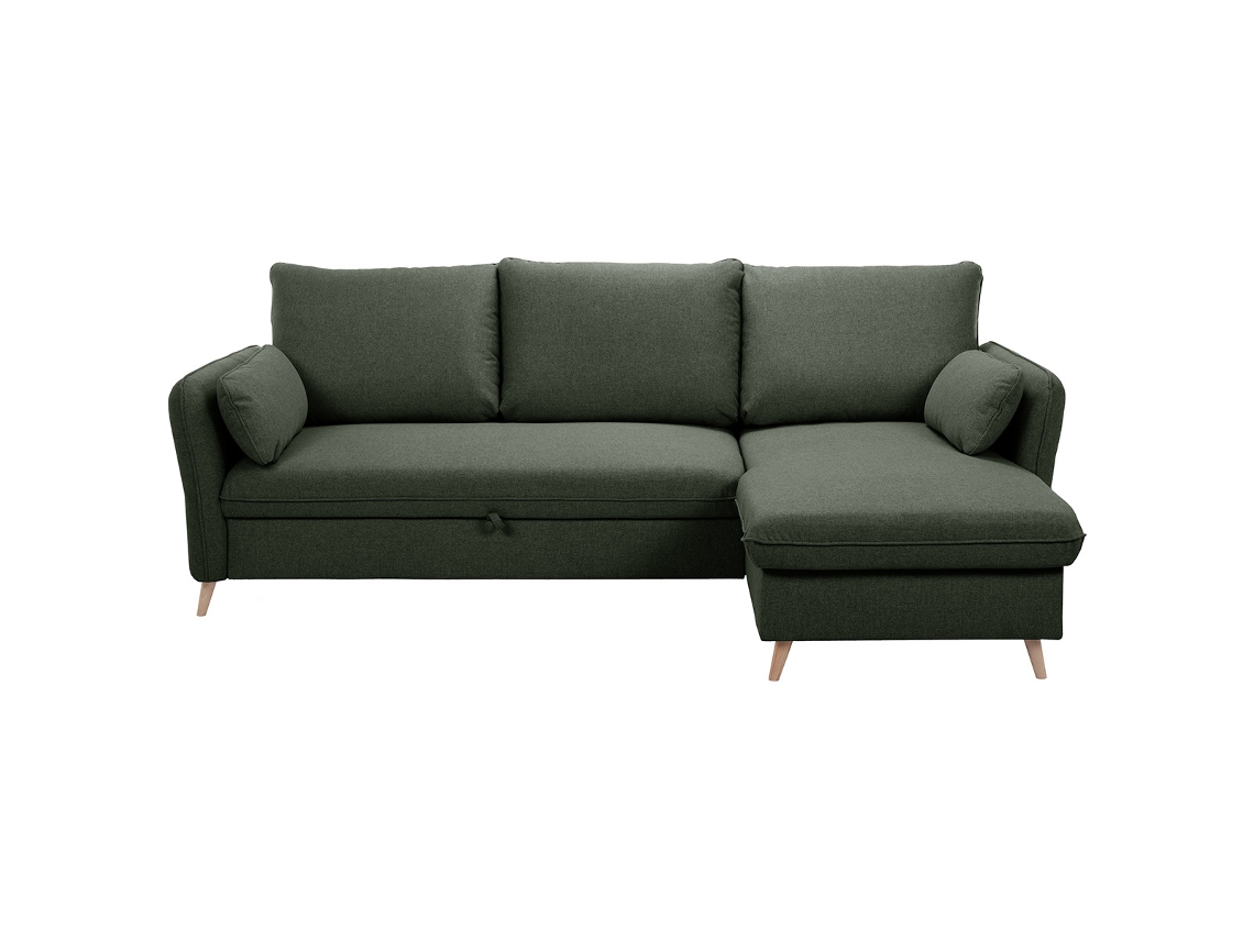 Sofá esquinero reversible convertible con baúl de 3 o 4 plazas en tela verde caqui y madera clara Driss Miliboo