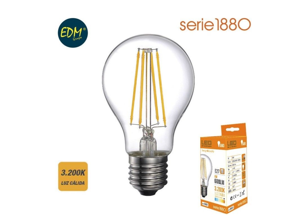 Bombilla LED Edm Filamento Estándar E27 6w 800lm 3200k Luz Cálida Ø6x10,6cm
