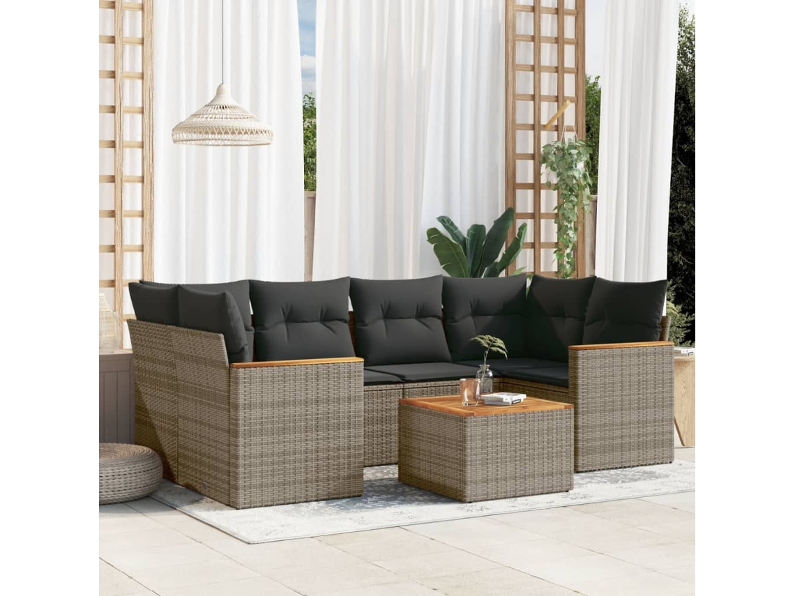 Conjunto de sofá de jardín de 7 piezas con cojines, mimbre gris, DKD Home Decor