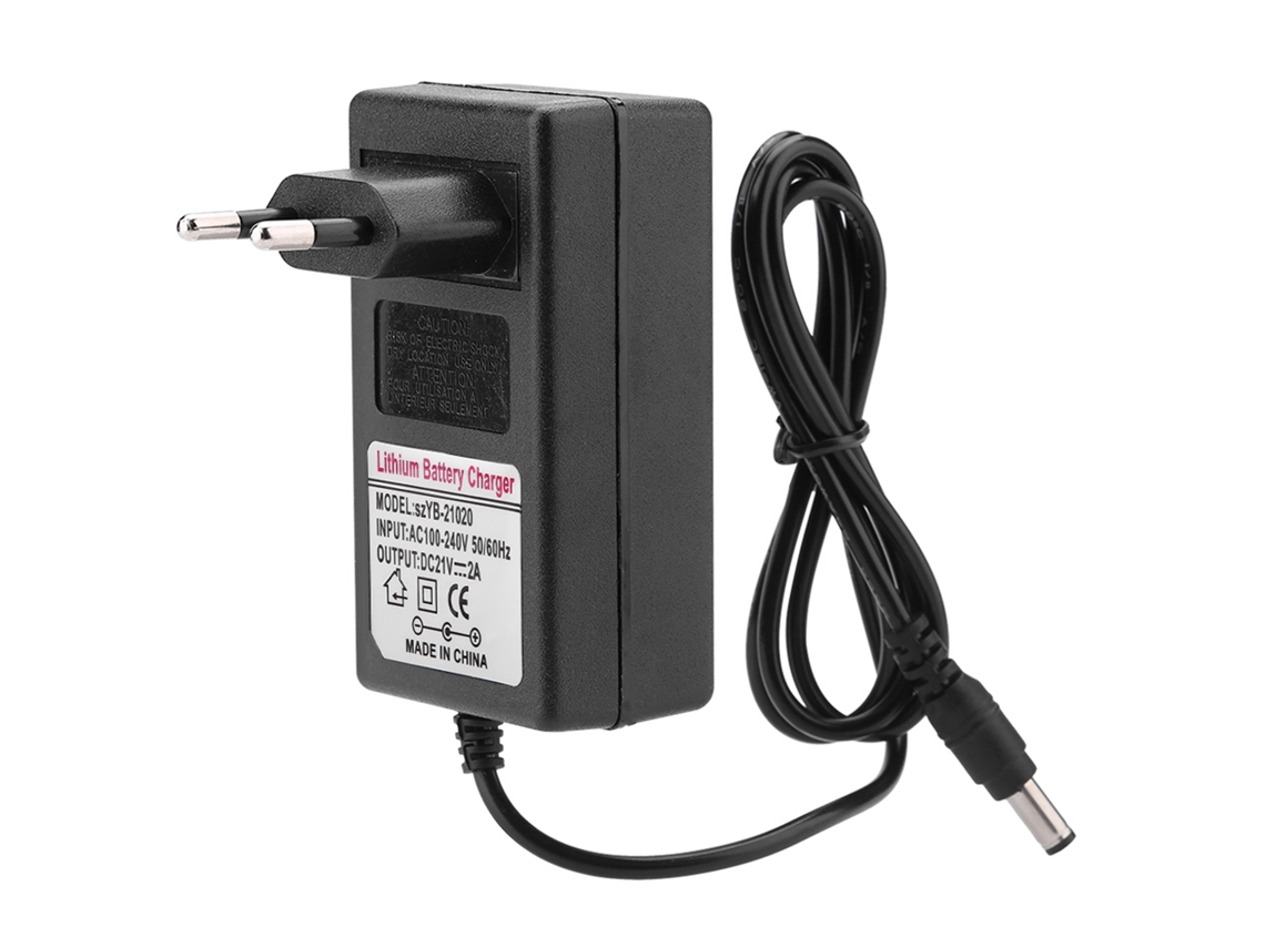 Cargador adaptador de corriente seguro de 21 V y 2 A para baterías de iones de litio.