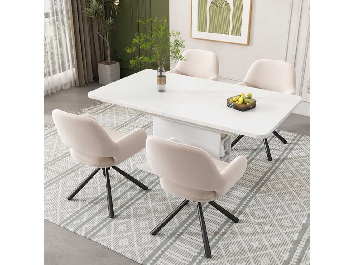 Juego De Comedor Con Mesa Extensible Y 6 Sillas, De Terciopelo Y Metal Blanco.
