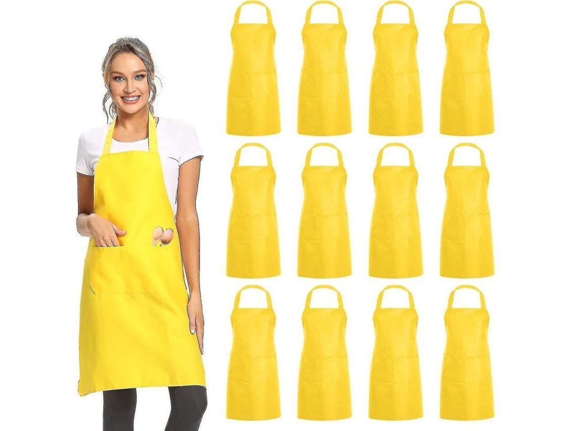 2026-13388-delantal Plano Con 2 Bolsillos Negro Unisex 12 Paquetes Material Duradero Ligero Para Cocina Amarillo