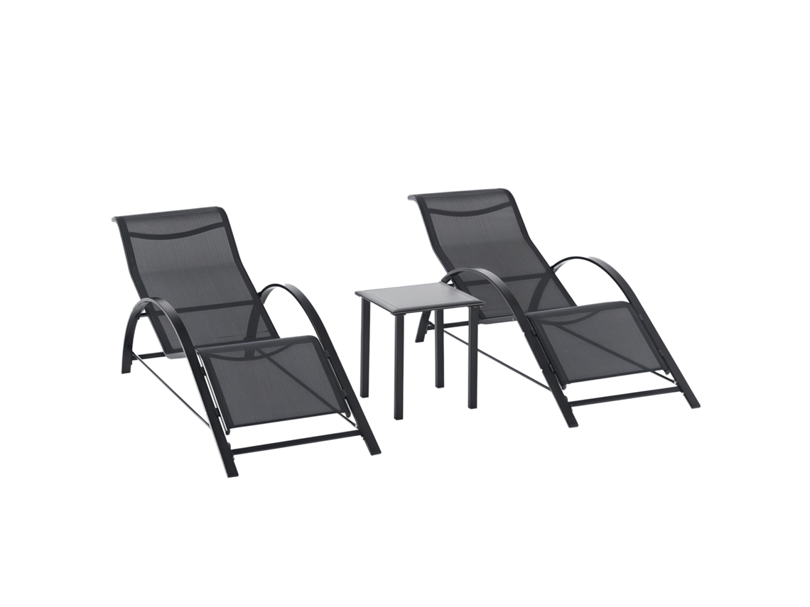 Conjunto De 2 Tumbonas, Mesa Auxiliar De Jardín, Piscina De Patio De Vidrio Templado, Color Negro.
